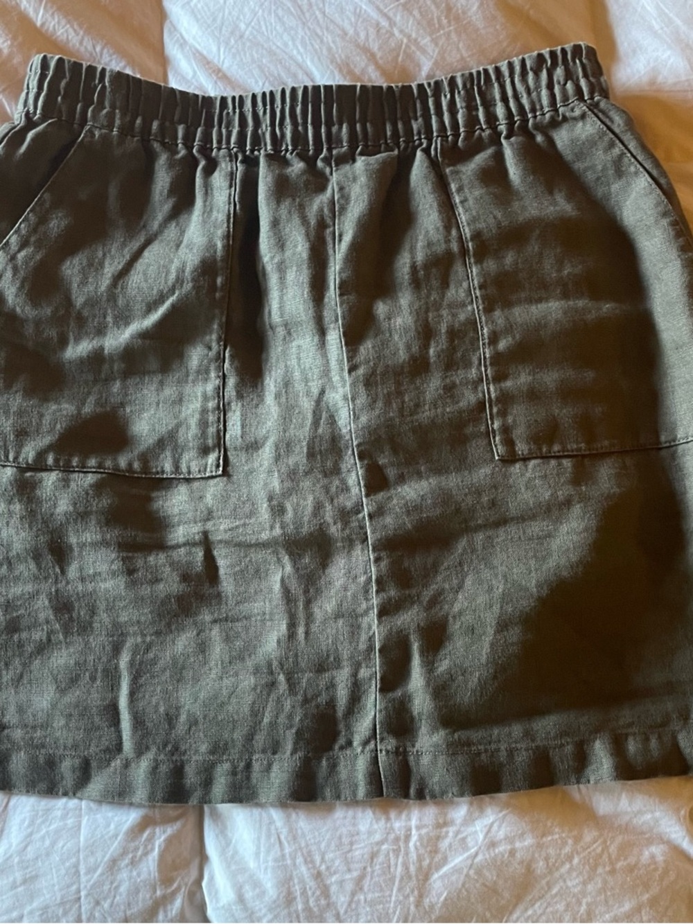 Garnet Hill Olive Mini Skirt with Front Patch Pockets